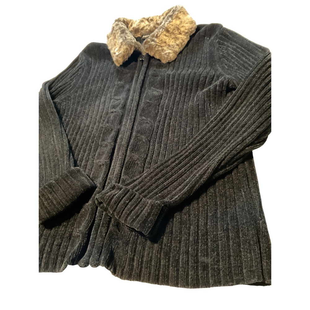 Designers Originals Womens Black Velvet Ribbed Zipper Front‎ Faux Fur Collar M